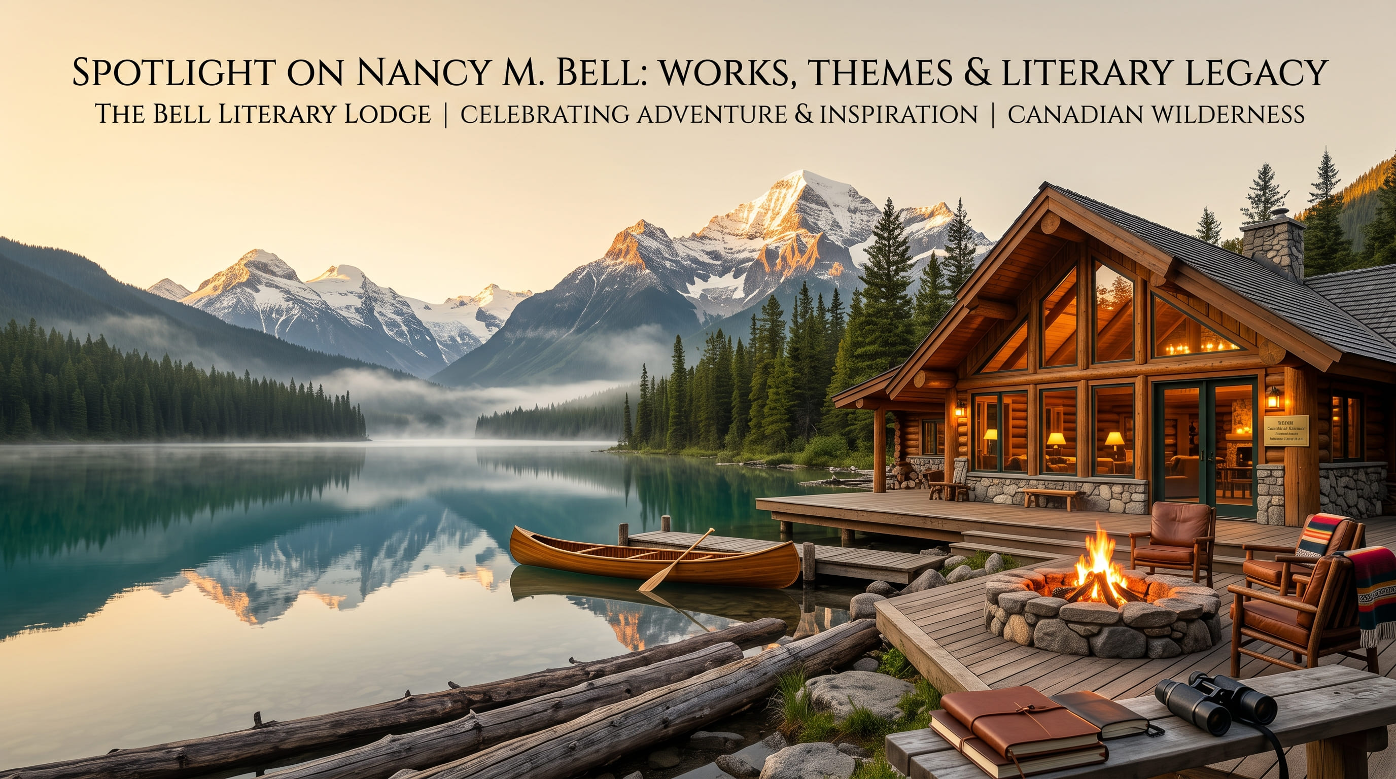 Journals and binoculars on a bench in front of a timber lodge, with a canoe, a dock, and a stone fire pit.