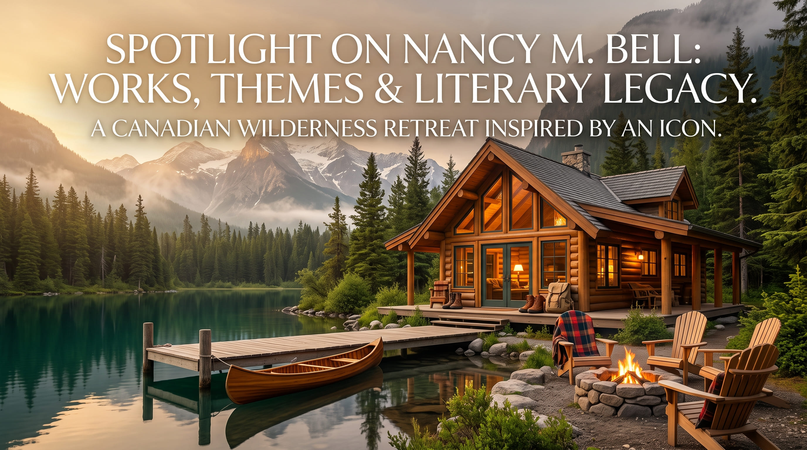 A timber cabin beside a dock and a canoe, with empty chairs around a campfire on a rocky shore.