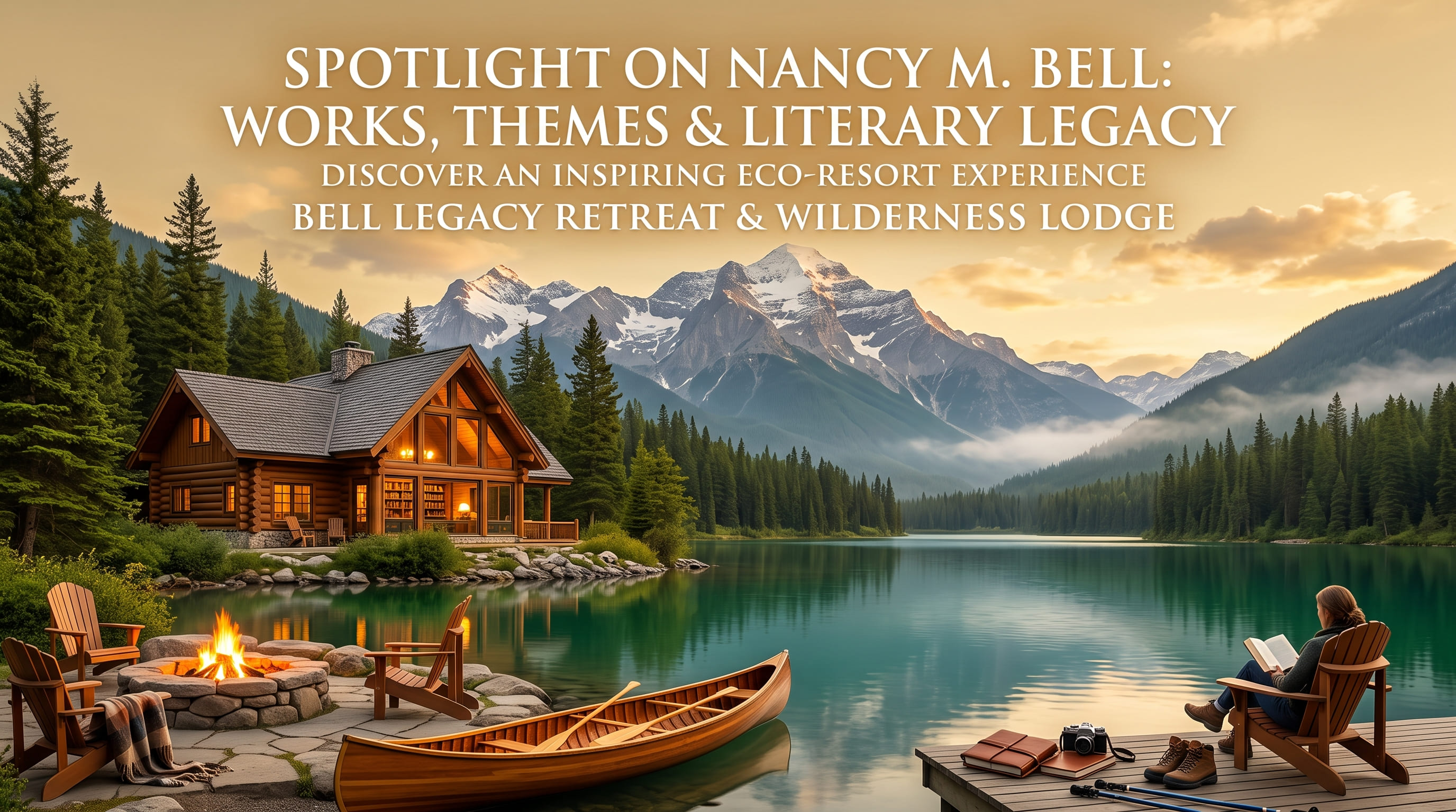 A person reading in a chair on a dock, with a canoe, a campfire, and a timber cabin across a mountain lake.