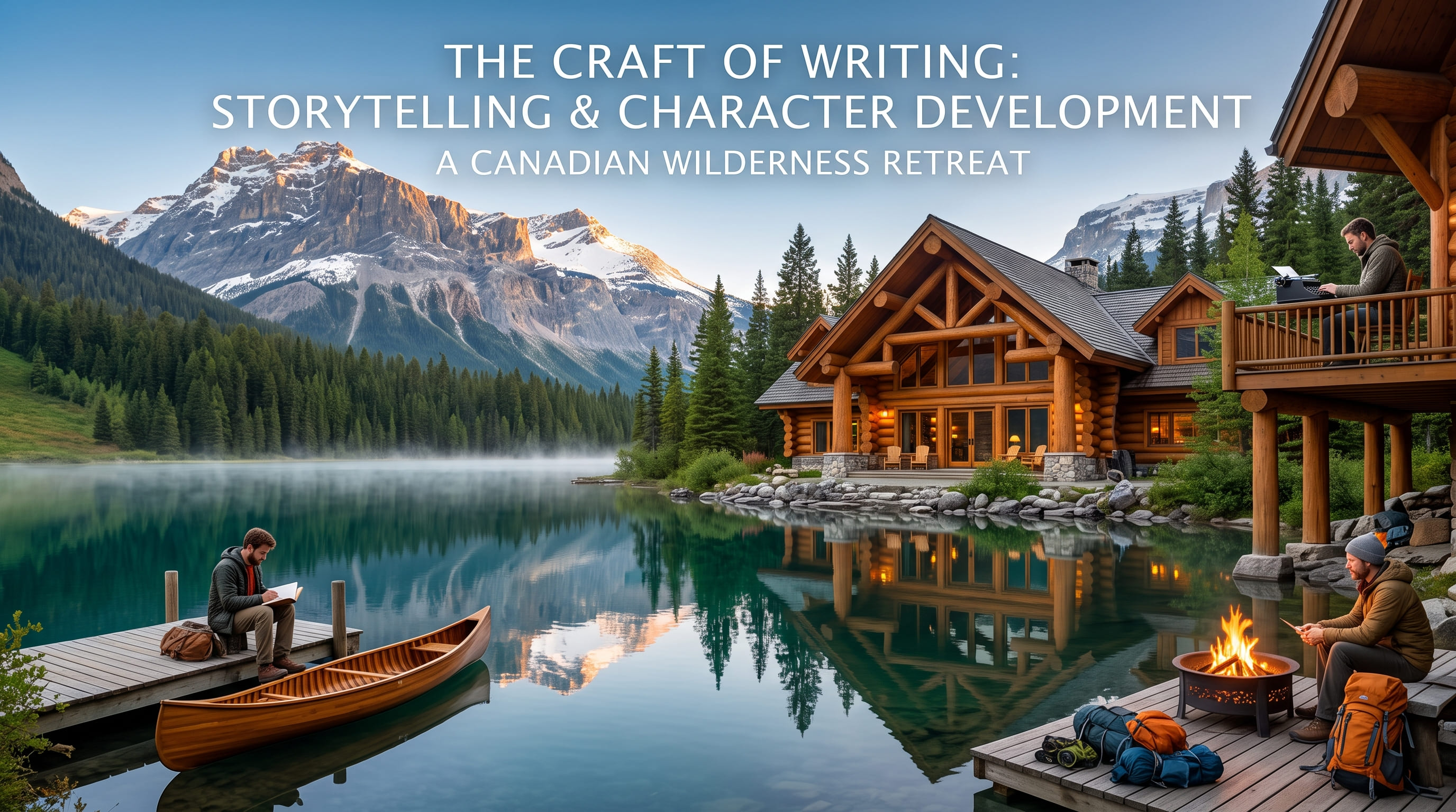 A person writing on a dock, another beside a campfire, and a third at a typewriter on a lodge balcony.