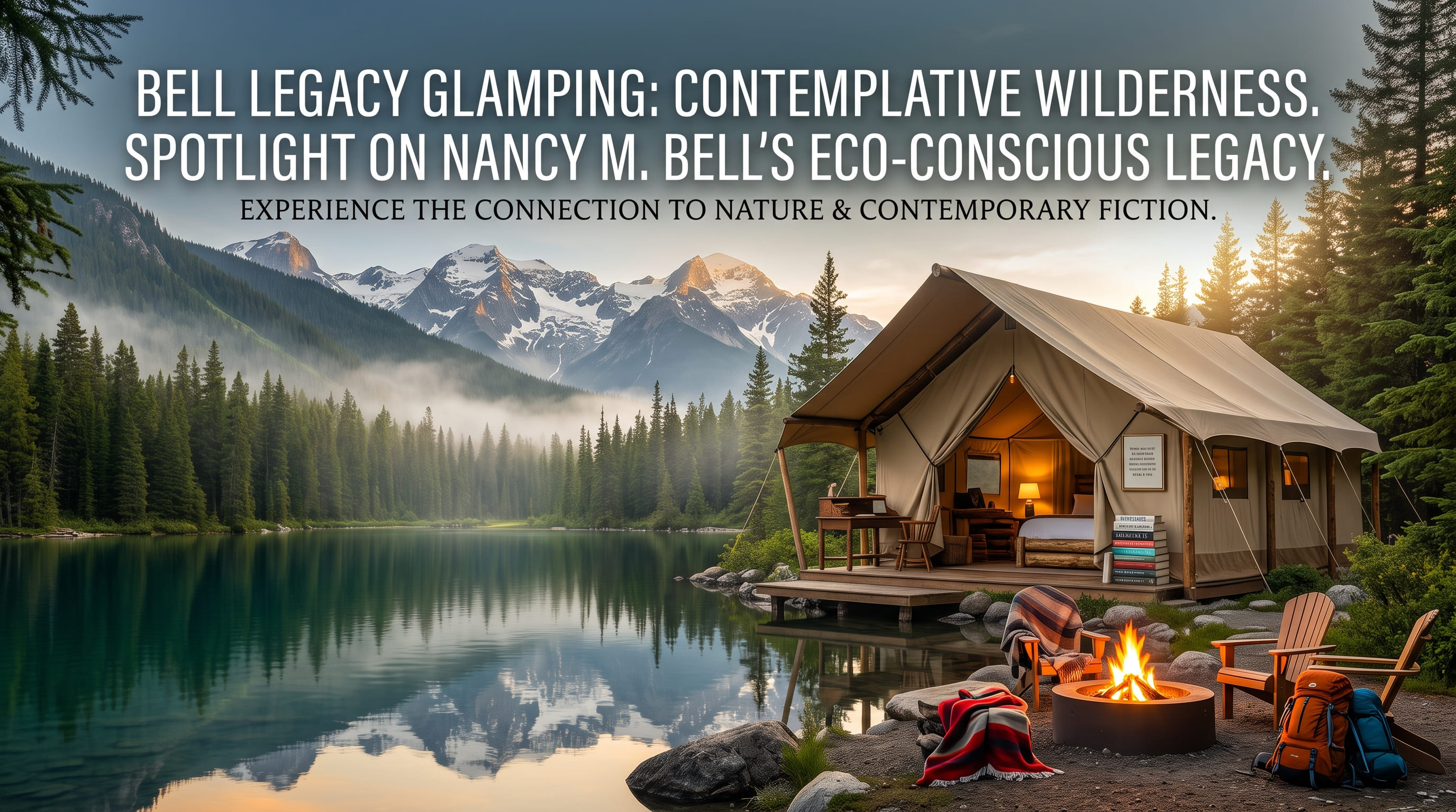 A canvas tent on a platform over a lake, with books on the deck, a campfire, and chairs on the shore.